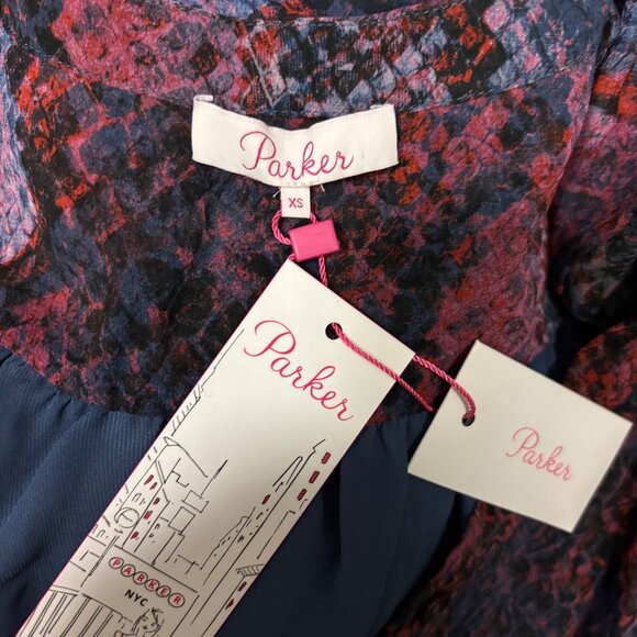 Parker Serpentina Snakeskin Print Silk Dress XS Long Sleeve Ruffle Hem - Picture 7 of 8